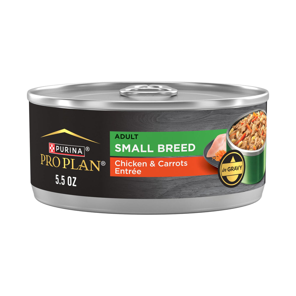 Purina Pro Plan para adulto pequeño, lata abierta con pollo real y zanahorias.