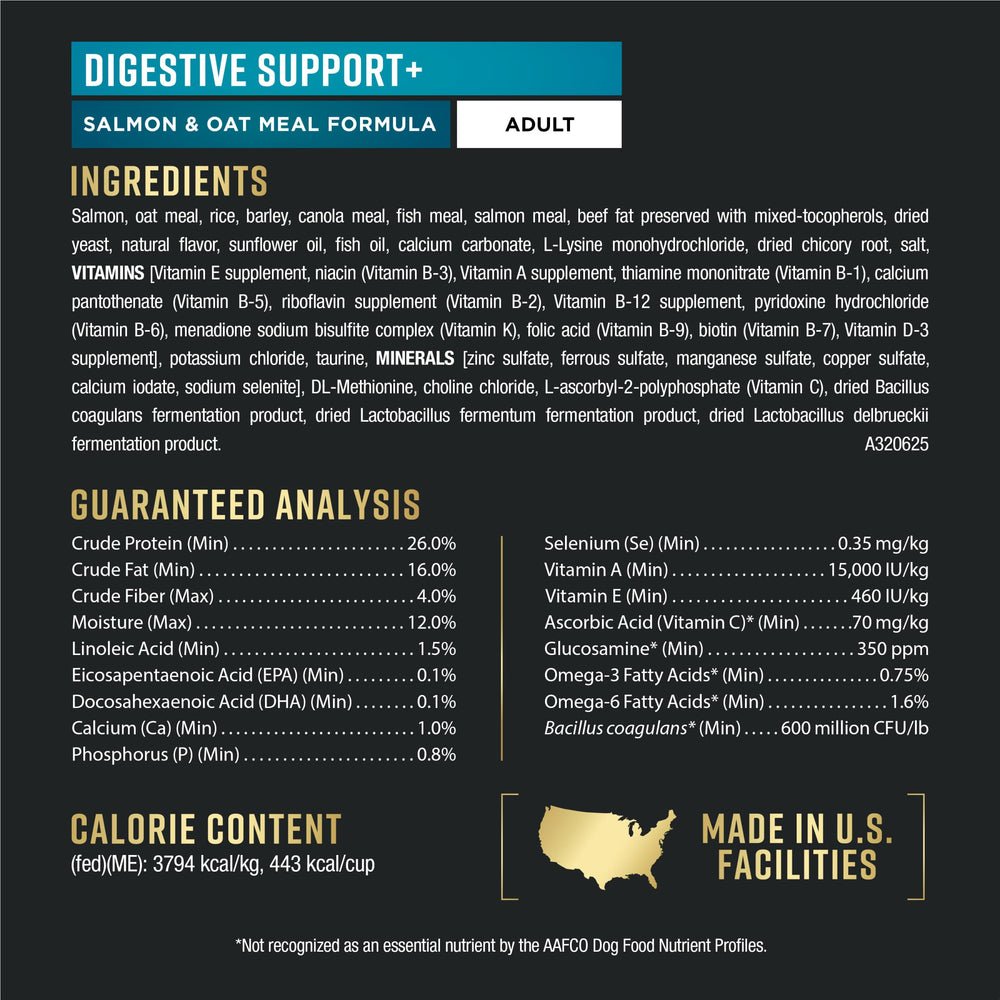 Purina Pro Plan AdvantEDGE Digestive Support, rotulo-nutricional, fórmula sin maíz, trigo ni soja.