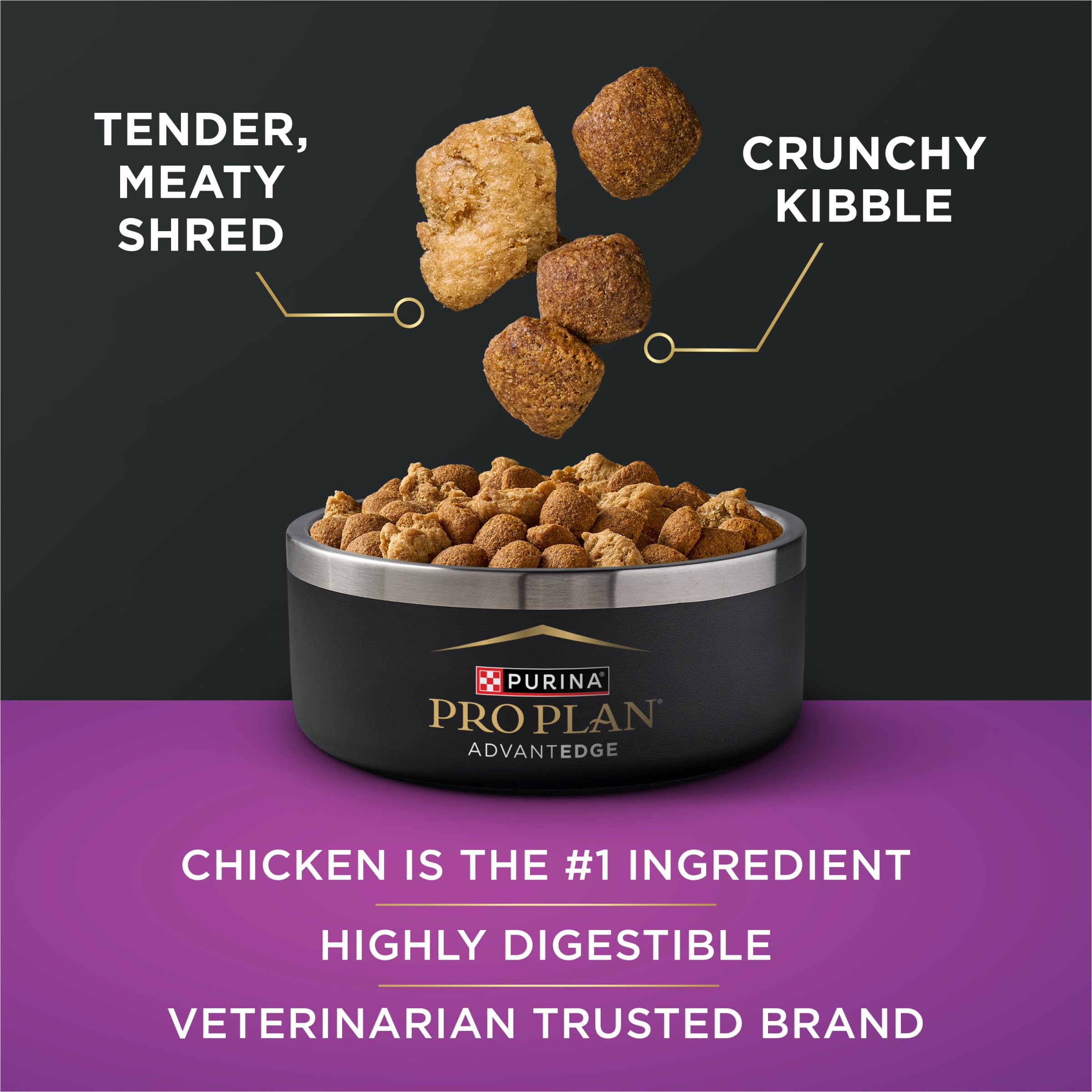 Purina Pro Plan AdvantEDGE Senior, pollo-arroz, primer ingrediente para paladar y digestión.
