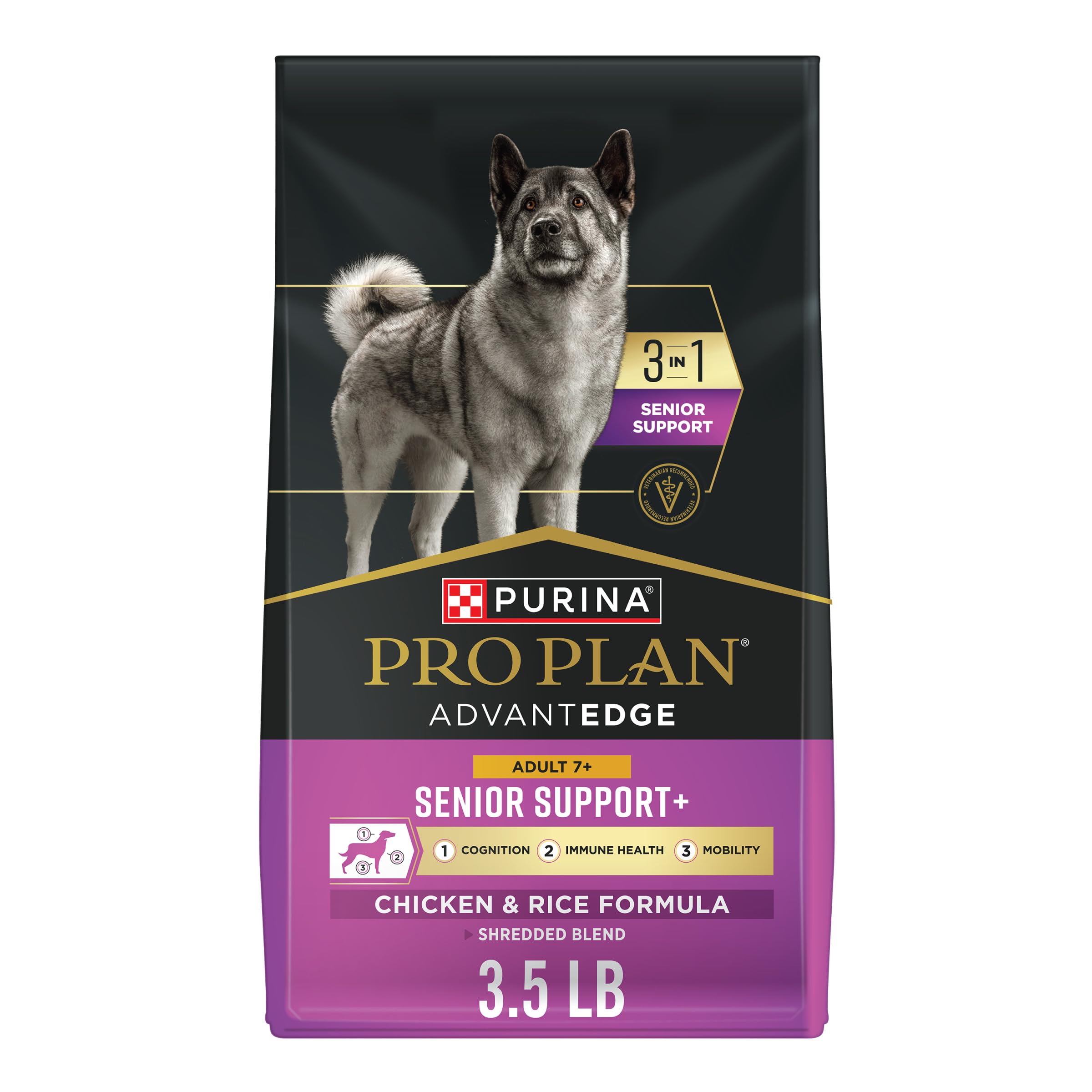 Purina Pro Plan AdvantEDGE Senior Support Plus, bolsa frontal, nutrición para perros mayores.