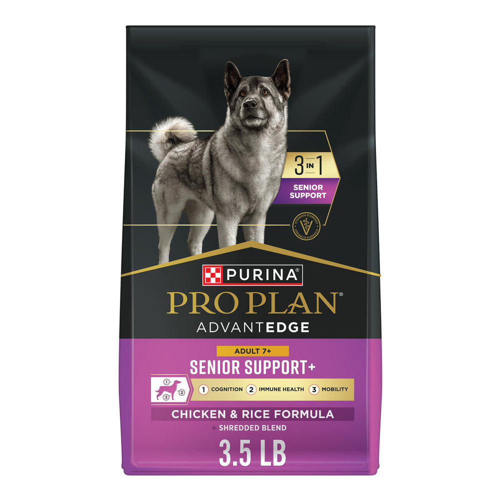 Purina Pro Plan AdvantEDGE Senior Support Plus, bolsa frontal, nutrición para perros mayores.