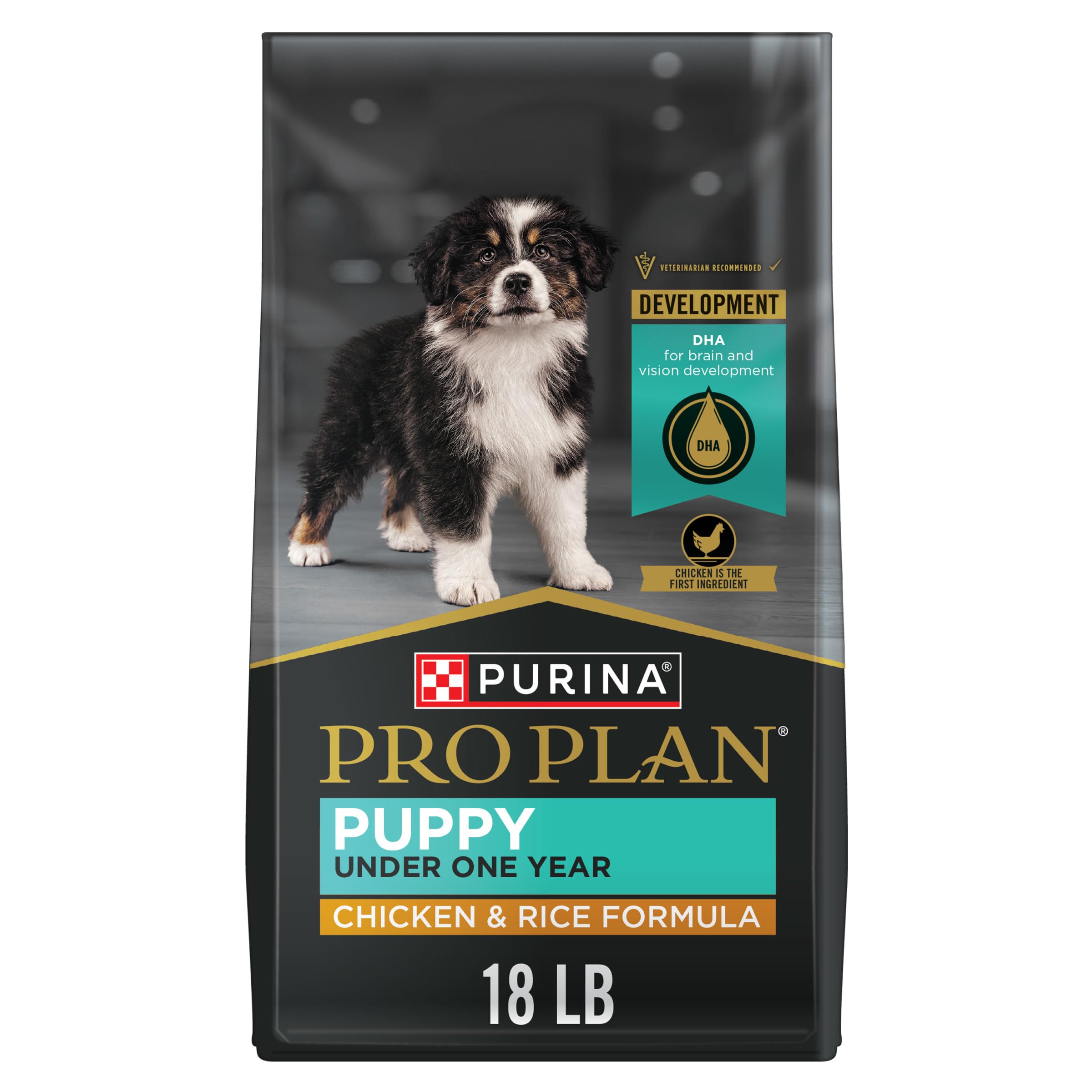 Purina Pro Plan Cachorro: bolsa frontal del alimento seco con pollo y arroz, ideal para crecimiento.