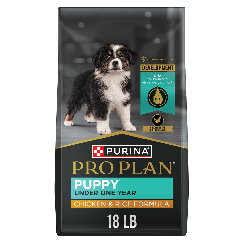 Purina Pro Plan Cachorro: bolsa frontal del alimento seco con pollo y arroz, ideal para crecimiento.