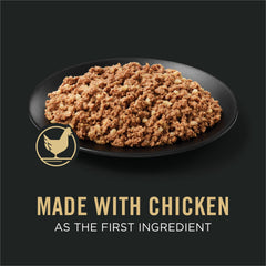 Purina Pro Plan paté clásico pollo-arroz servido; textura suave caliente para comer diario