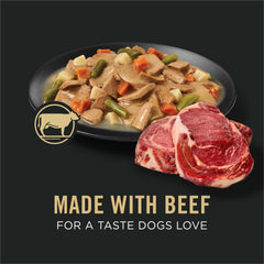 Purina Pro Plan Complete Essentials lata abierta con ternera y verduras en salsa