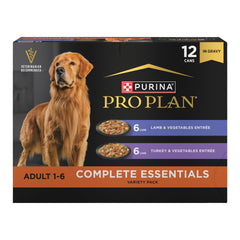 Purina Pro Plan Complete Essentials: lata de cordero y verduras en salsa para perros, sabor real.