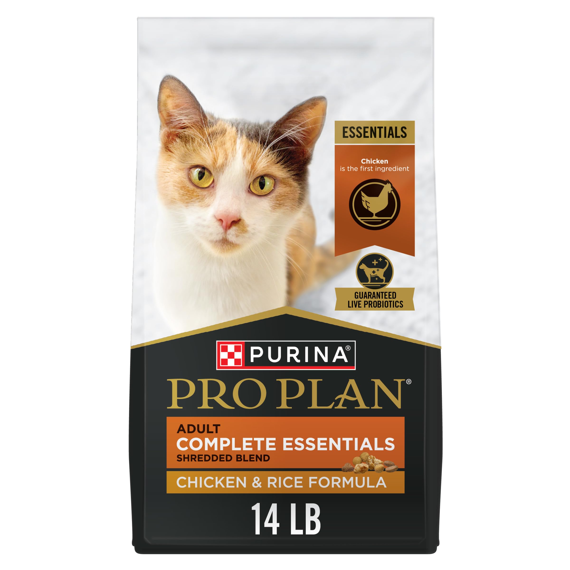 Purina Pro Plan Complete Essentials, mezcla desmenuzada pollo y arroz, bolsa de 14 libras para gatos adultos.