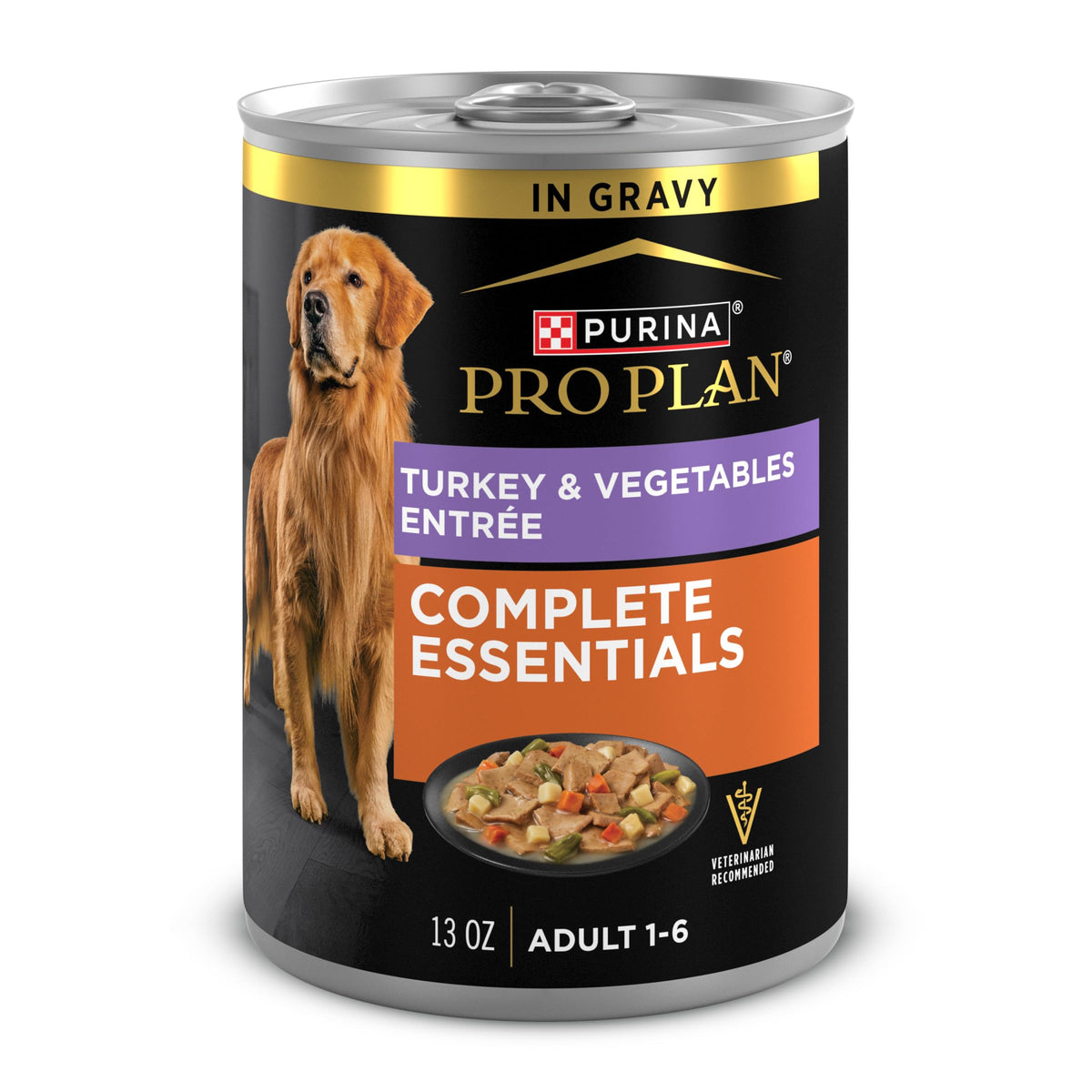 Purina Pro Plan Complete Essentials pack 12 latas, pavo y verduras en salsa para perros adultos.