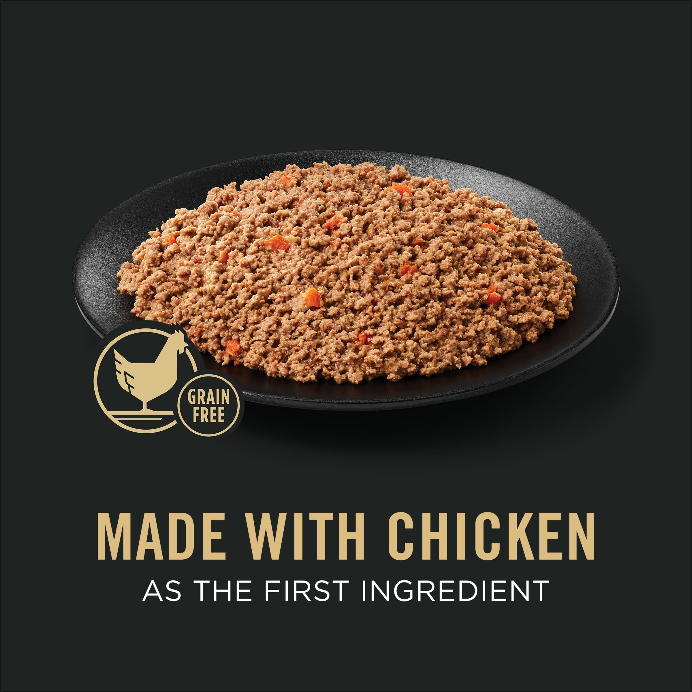 Purina Pro Plan sin grano pate de pollo con zanahorias, alto en proteína para perros activos.