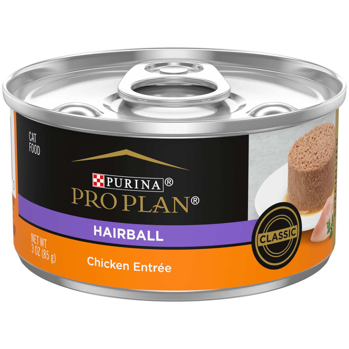 Purina Pro Plan Paté control de bolas de pelo, lata de 3 oz, sabor para gatos.