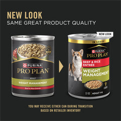 Purina Pro Plan para control de peso, trozos de ternera en salsa, sabor atractivo para perros.