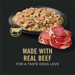 Purina Pro Plan para control de peso, lata de ternera y arroz, sabor sabroso.