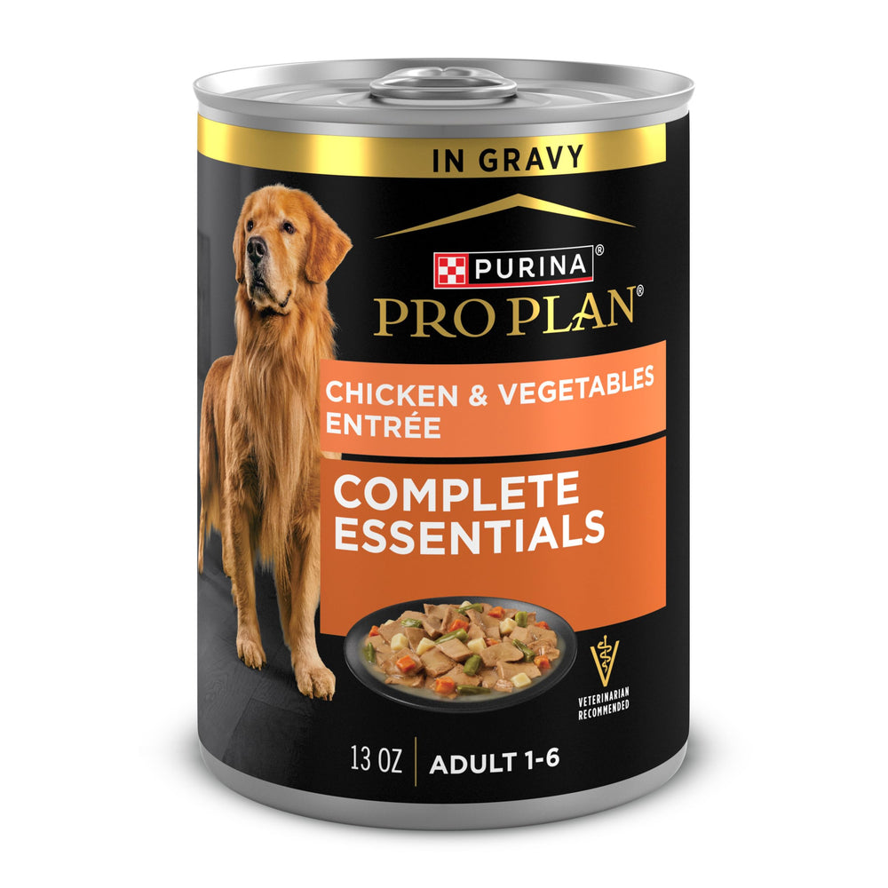 Purina Pro Plan Esenciales Completos, trozos de pollo y verduras en salsa para perros adultos con músculos magros