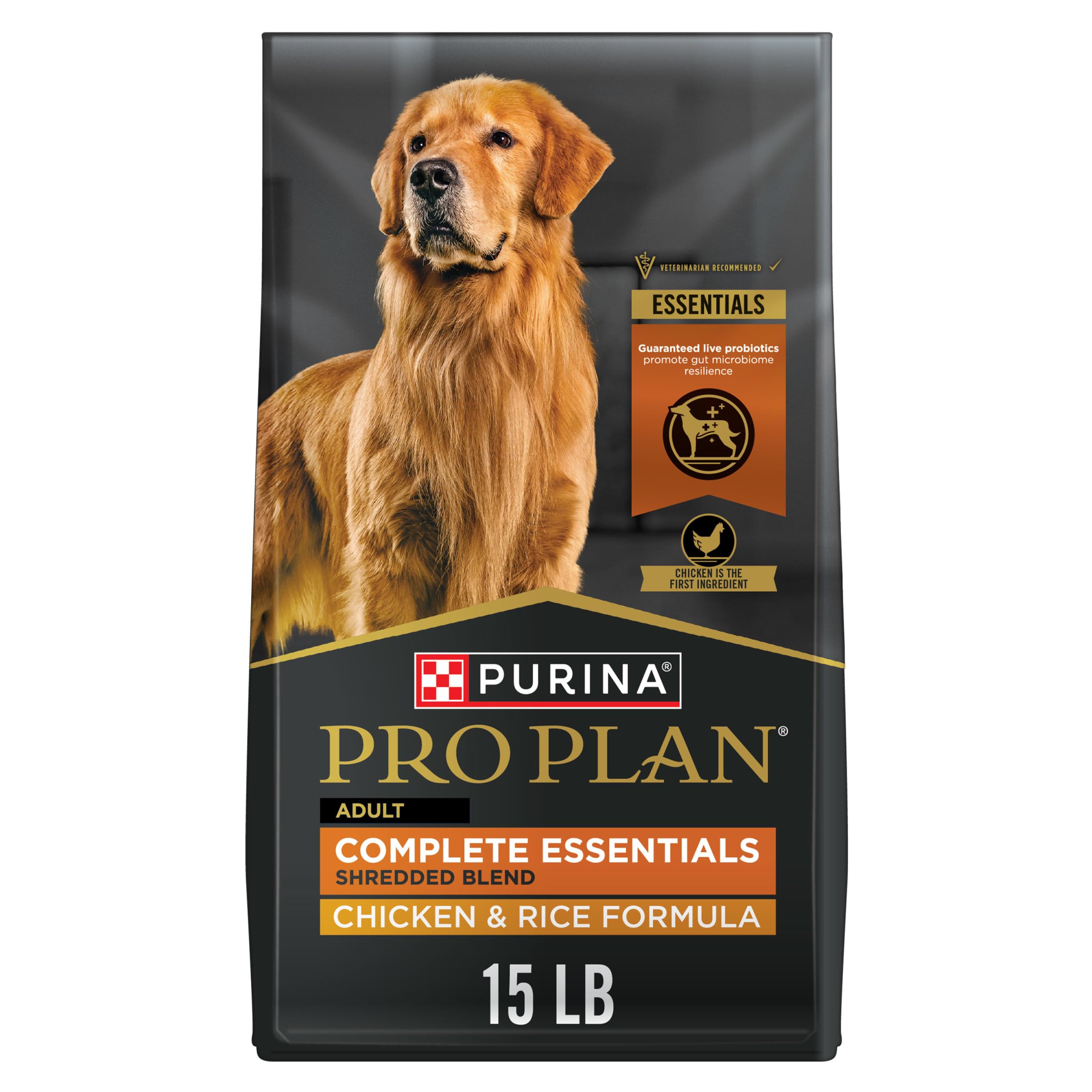 Purina Pro Plan Esenciales croquetas crujientes con trozos desmechados de pollo para energía diaria.