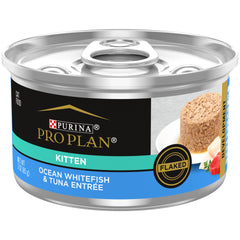 Purina Pro Plan Gatito enlatado con pescado blanco y atún, sabor que apetece al gatito.