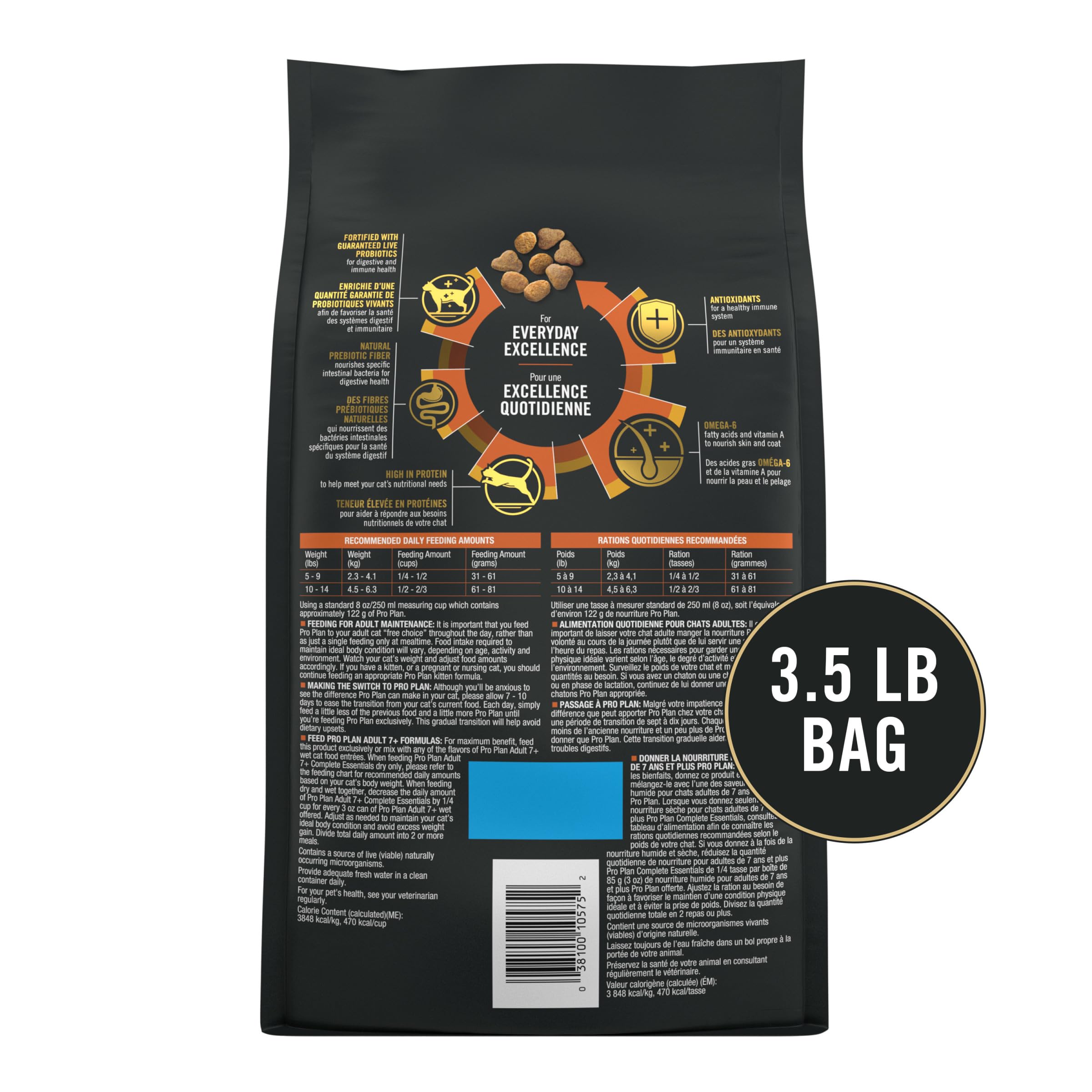 Purina Pro Plan para gatos mayores, alto contenido proteico de pollo.