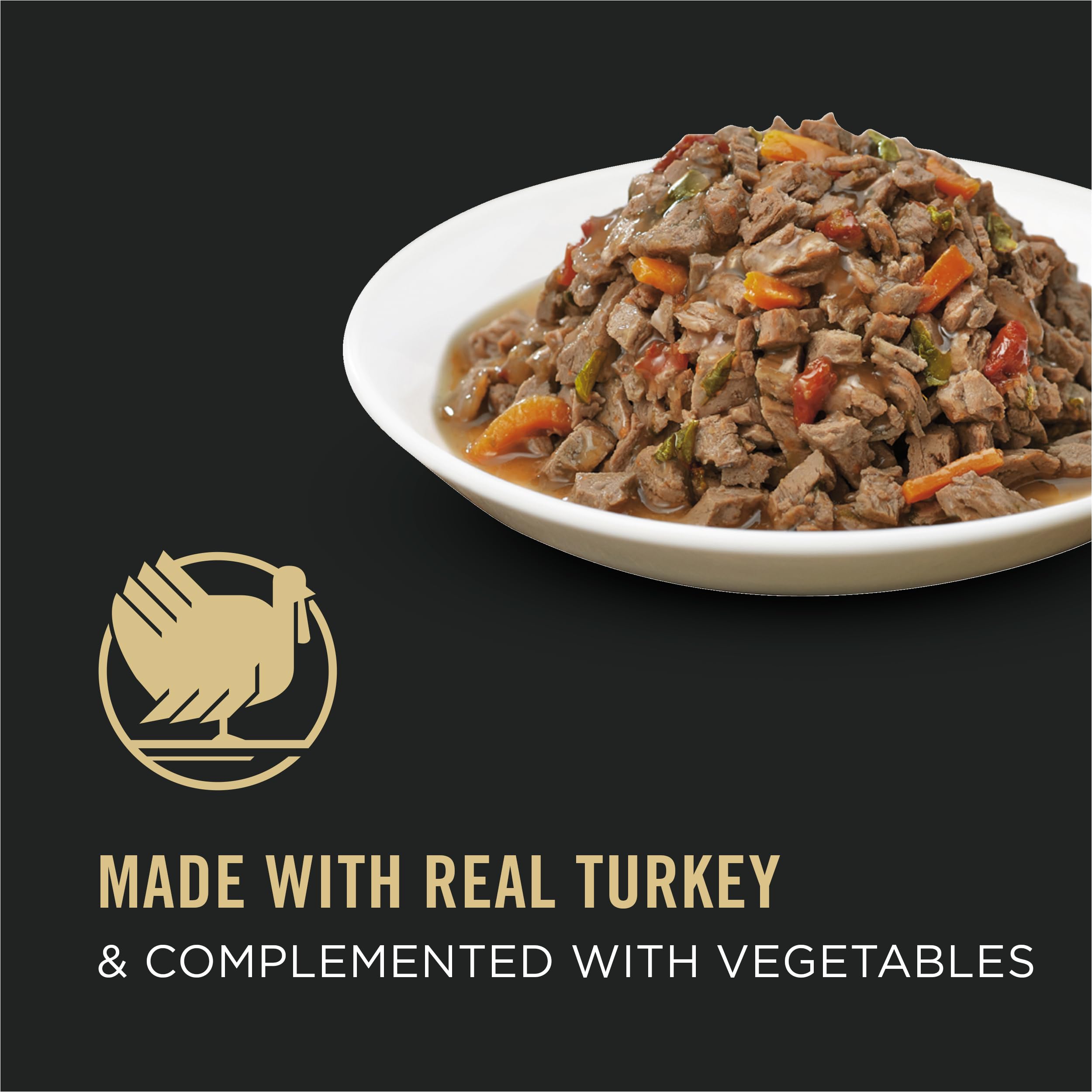 Purina Pro Plan Gravy: trozos de pavo con verduras en salsa, sabor que atrae durante la comida.