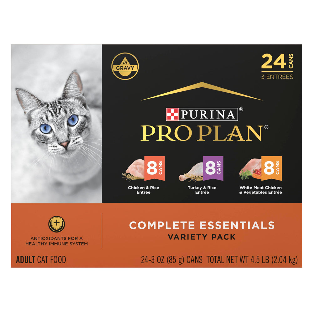 Purina Pro Plan Gravy, lata de gato pollo con salsa, sabor apreciado por muchos felinos.
