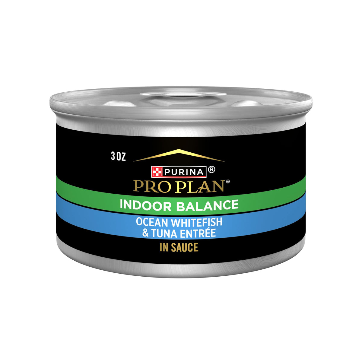 Purina Pro Plan Indoor Balance lata 3oz frente, apoyo al peso para gatos indoor.