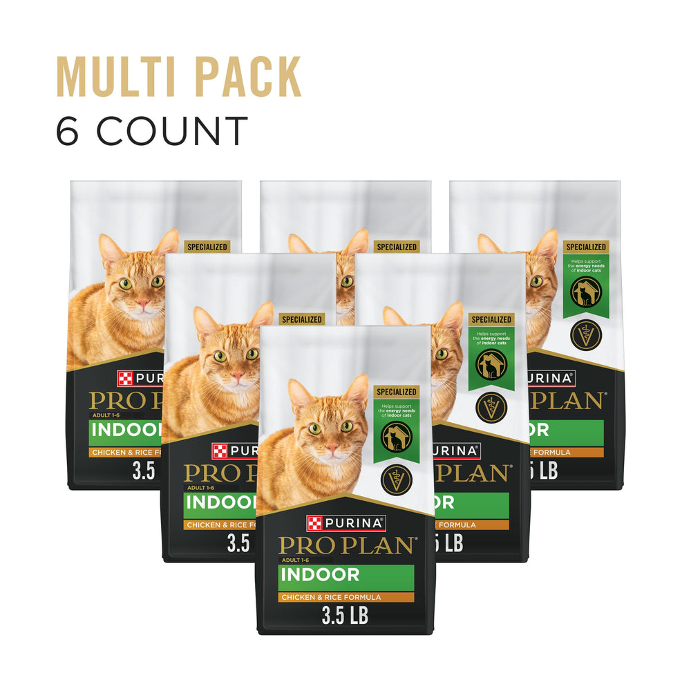Purina Pro Plan Indoor croquetas de pollo y arroz, favorece musculatura y control de peso.