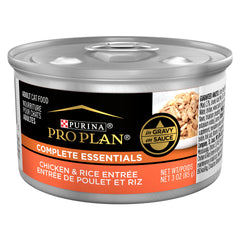 Purina Pro Plan lata de 3oz con pollo y arroz, salsa sabrosa para gatos.