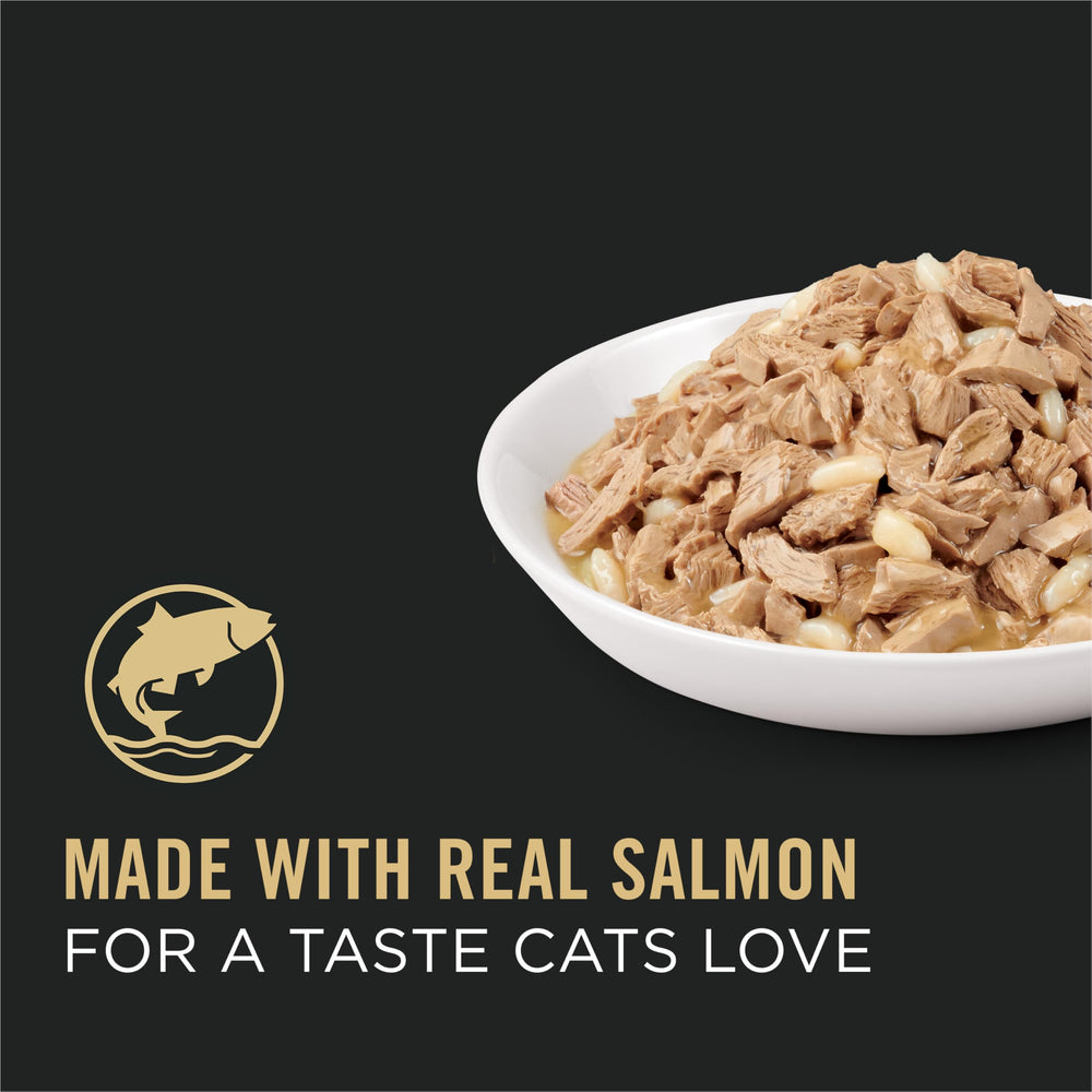 Purina Pro Plan: lata Salmón-Arroz Entree en Salsa, ingrediente principal salmón real.