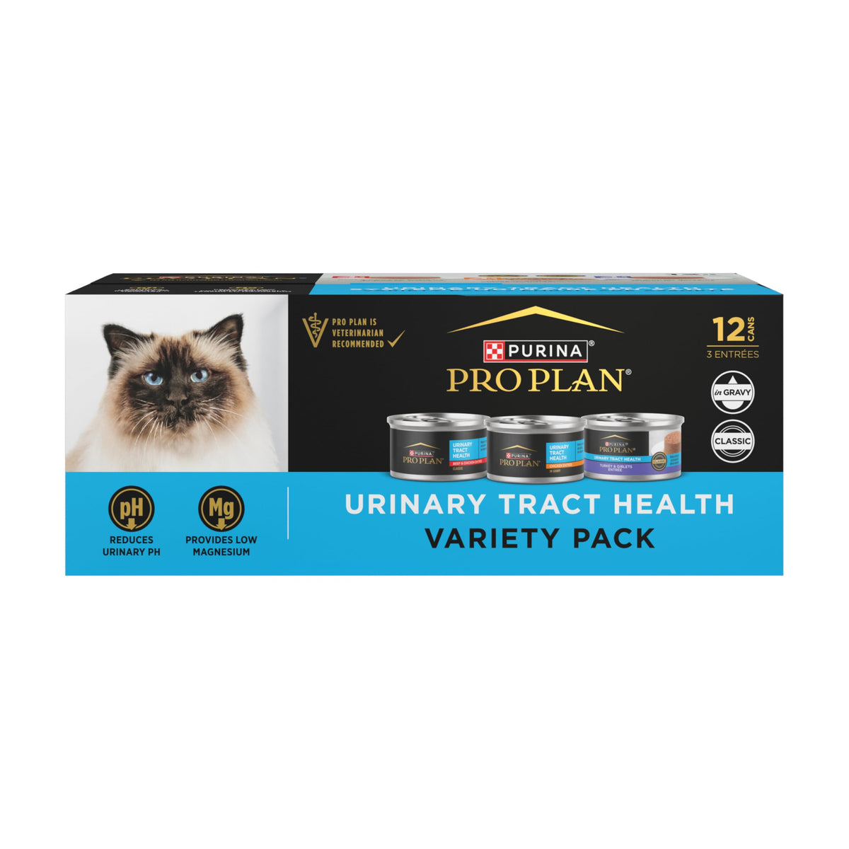 Purina Pro Plan variedad de latas, salud urinaria, sabores pollo, res y pavo con menudillos.