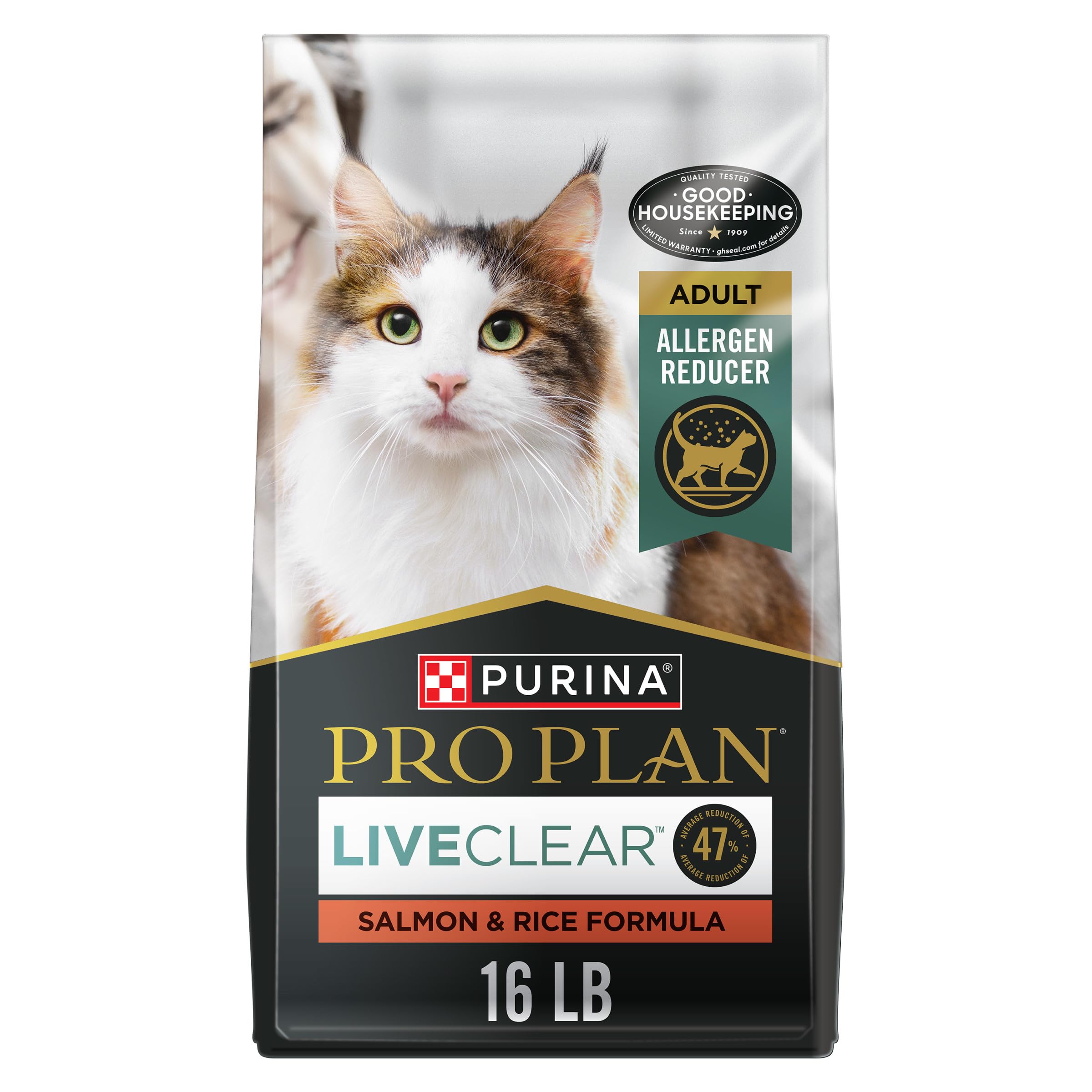 Purina Pro Plan LiveClear, alimento seco con salmón para gatos adultos, nutrición balanceada.