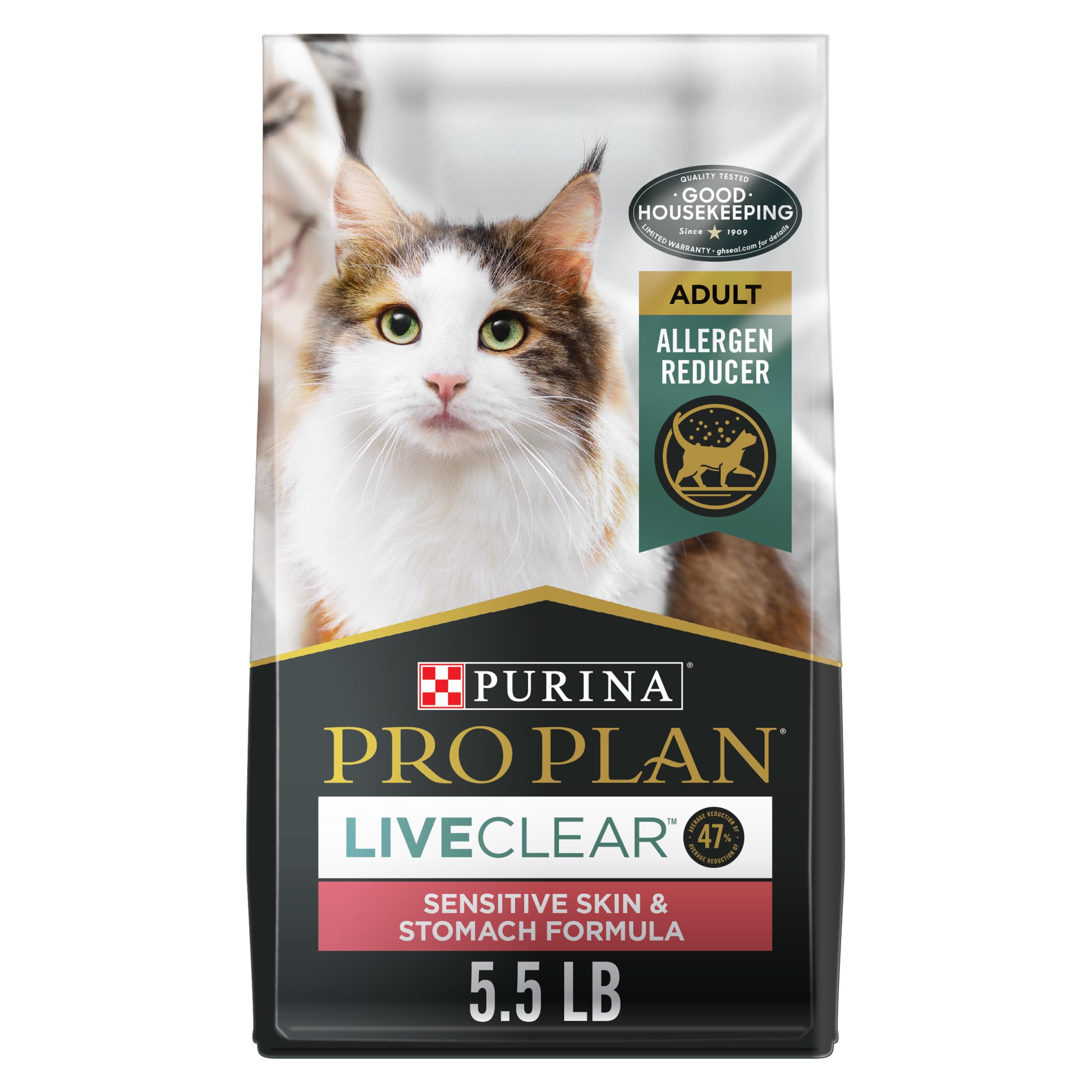 Purina Pro Plan LIVECLEAR, bolsa de 5,5 libras enfocando alérgenos y piel sensible.
