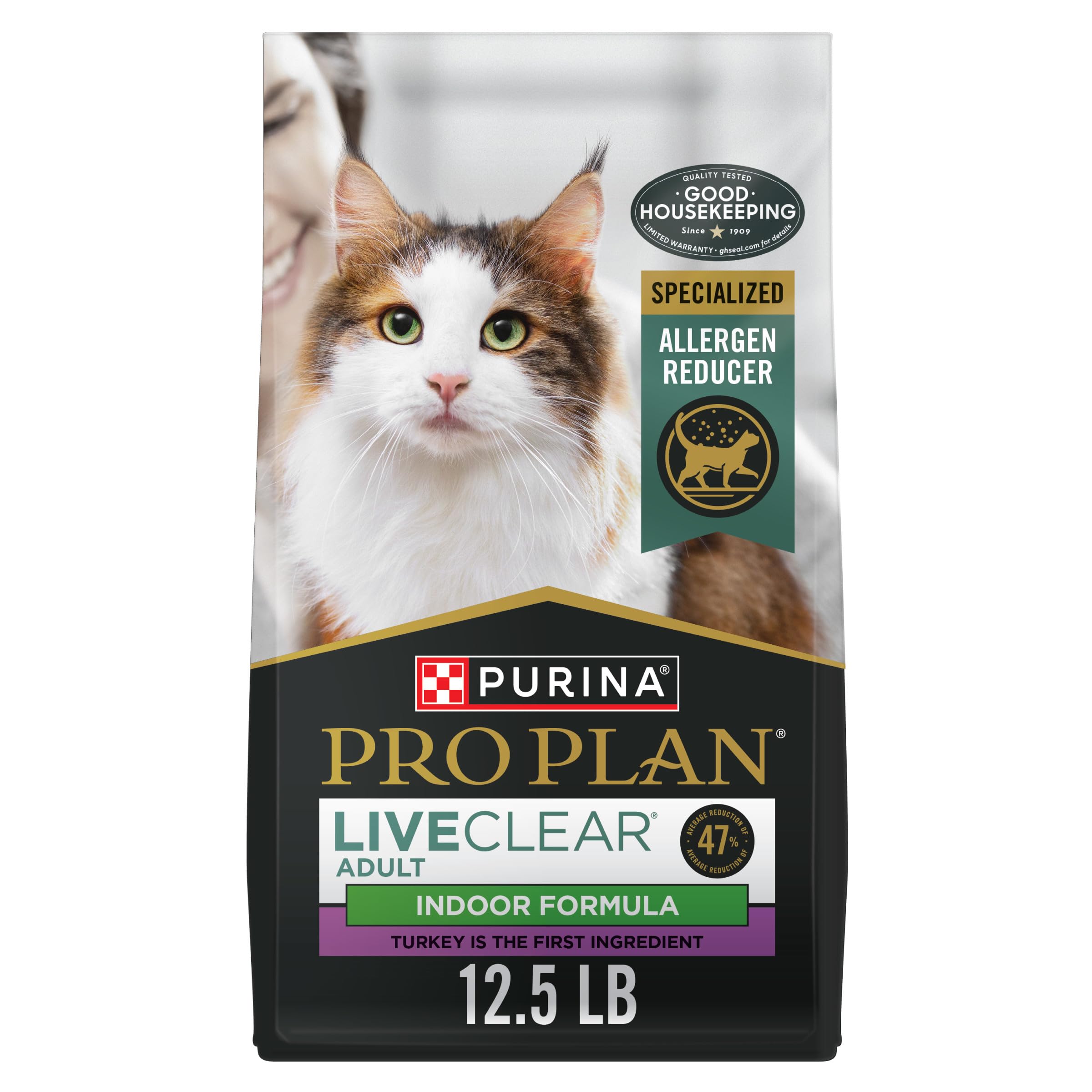 Purina Pro Plan LIVECLEAR Indoor para gatos, bolsa 12,5 lb, pavo-arroz, posible reducción de alérgenos.