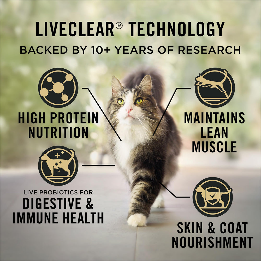 Gránulos crujientes de Purina LIVECLEAR Indoor para gatos de interior.