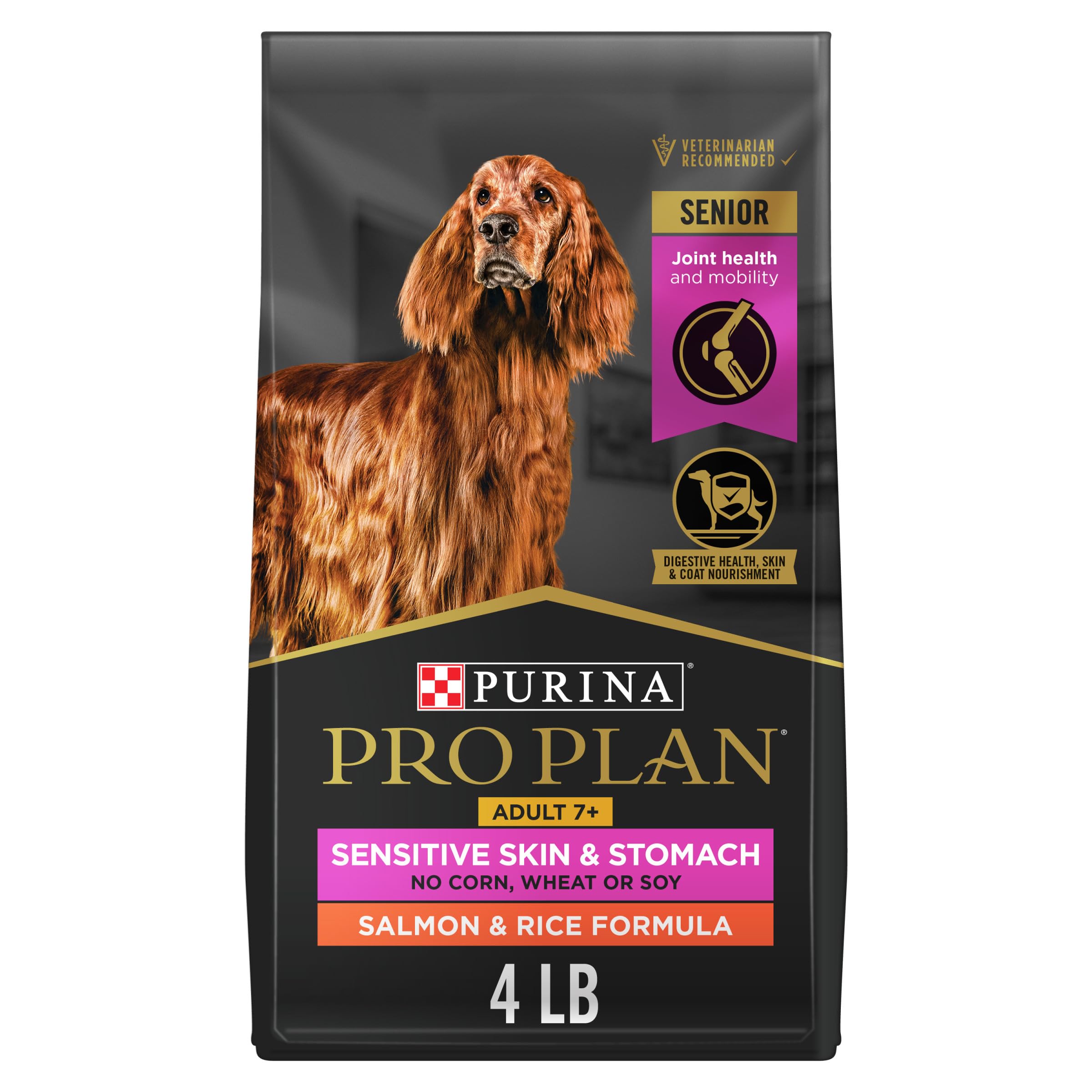 Purina Pro Plan para perro senior con salmón y arroz, bolsa de 4 libras, digestión suave