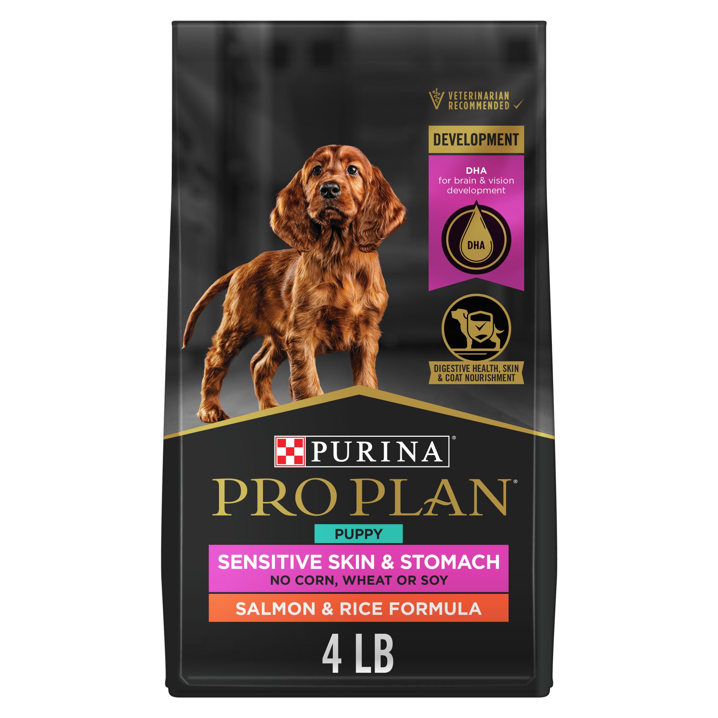 Purina Pro Plan Puppy salmón-arroz bolsa-4lb: croquetas para cachorros con salmón principal.