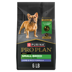 Purina Pro Plan para razas pequeñas, frente de envase, croquetas cordero y arroz, ideal para perros pequeños activos.