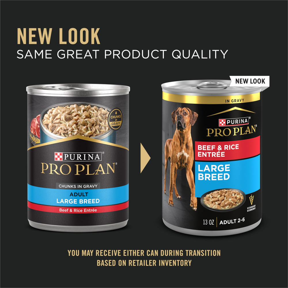 Purina Pro Plan etiqueta en lata grande con 23 vitaminas para perros grandes