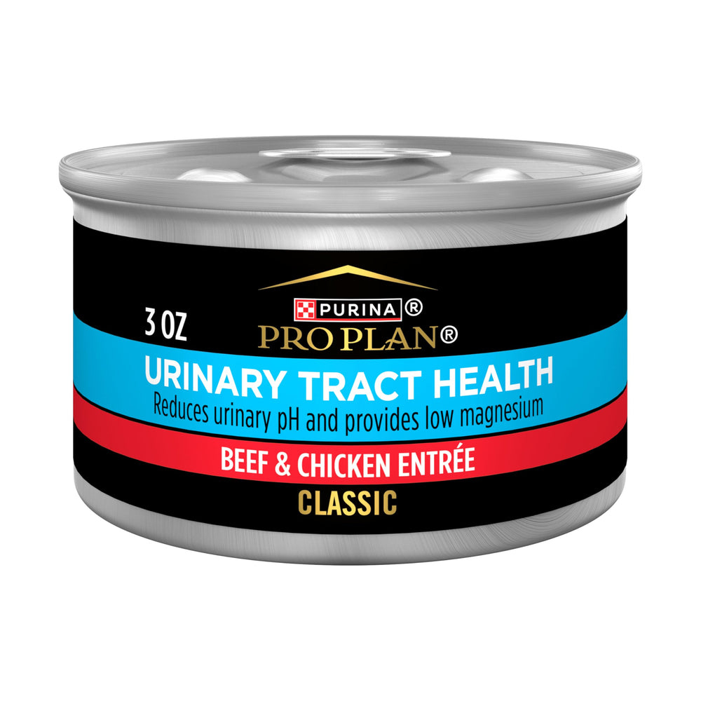 Purina Pro Plan Salud Urinaria lata 3oz con res y pollo para hidratación.