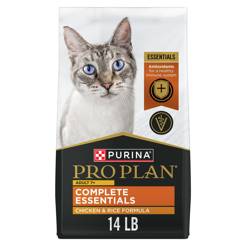 Purina Pro Plan Senior Gato Seco 7+ frente de bolsa, pollo-arroz para nutrición diaria.