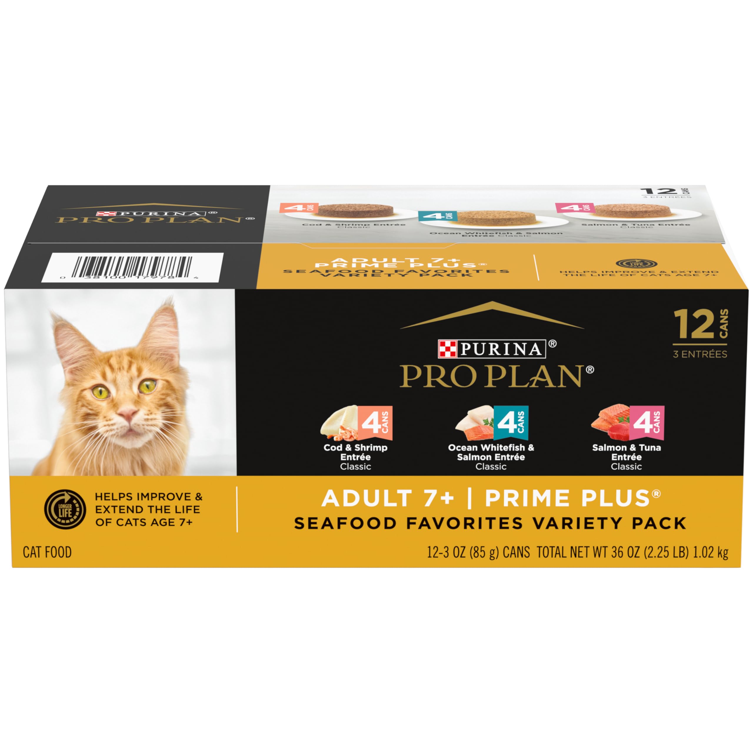 Purina Pro Plan Senior pate mariscos frente de lata, aroma atractivo para gatos mayores.