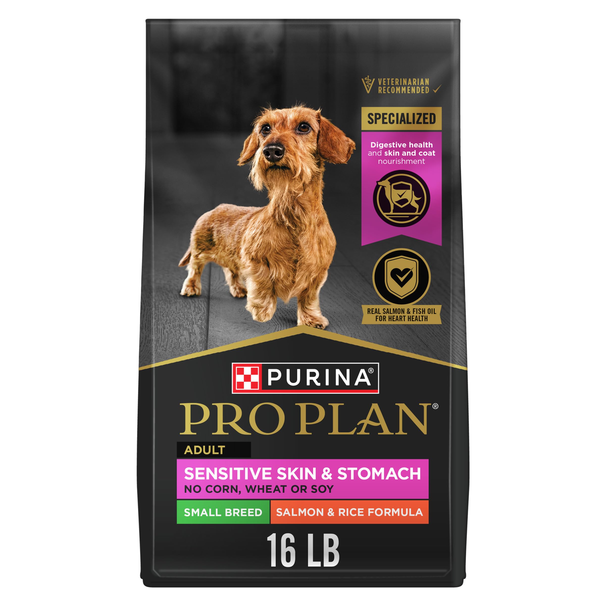 Purina Pro Plan para piel sensible, frente del envase, ideal para estómagos sensibles.