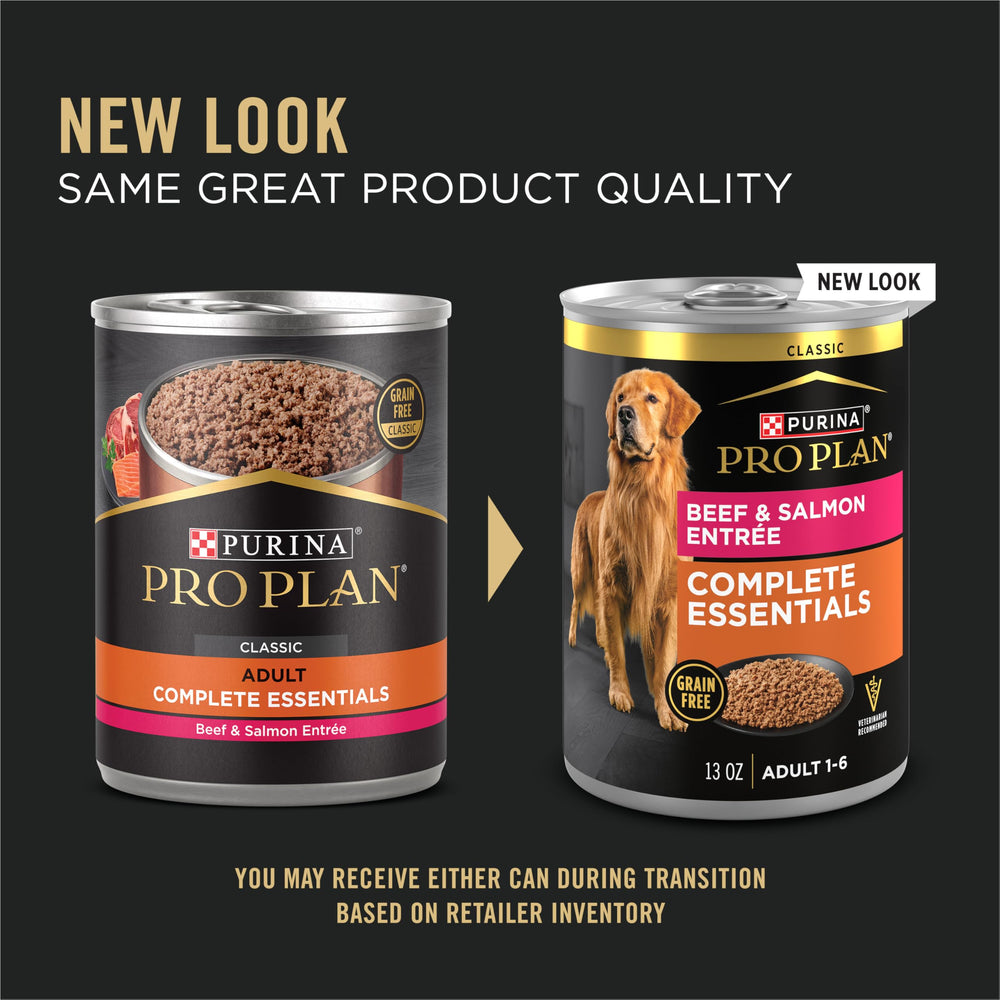 Etiqueta nutricional visible de Purina Pro Plan sin-granos en lata de 13 oz