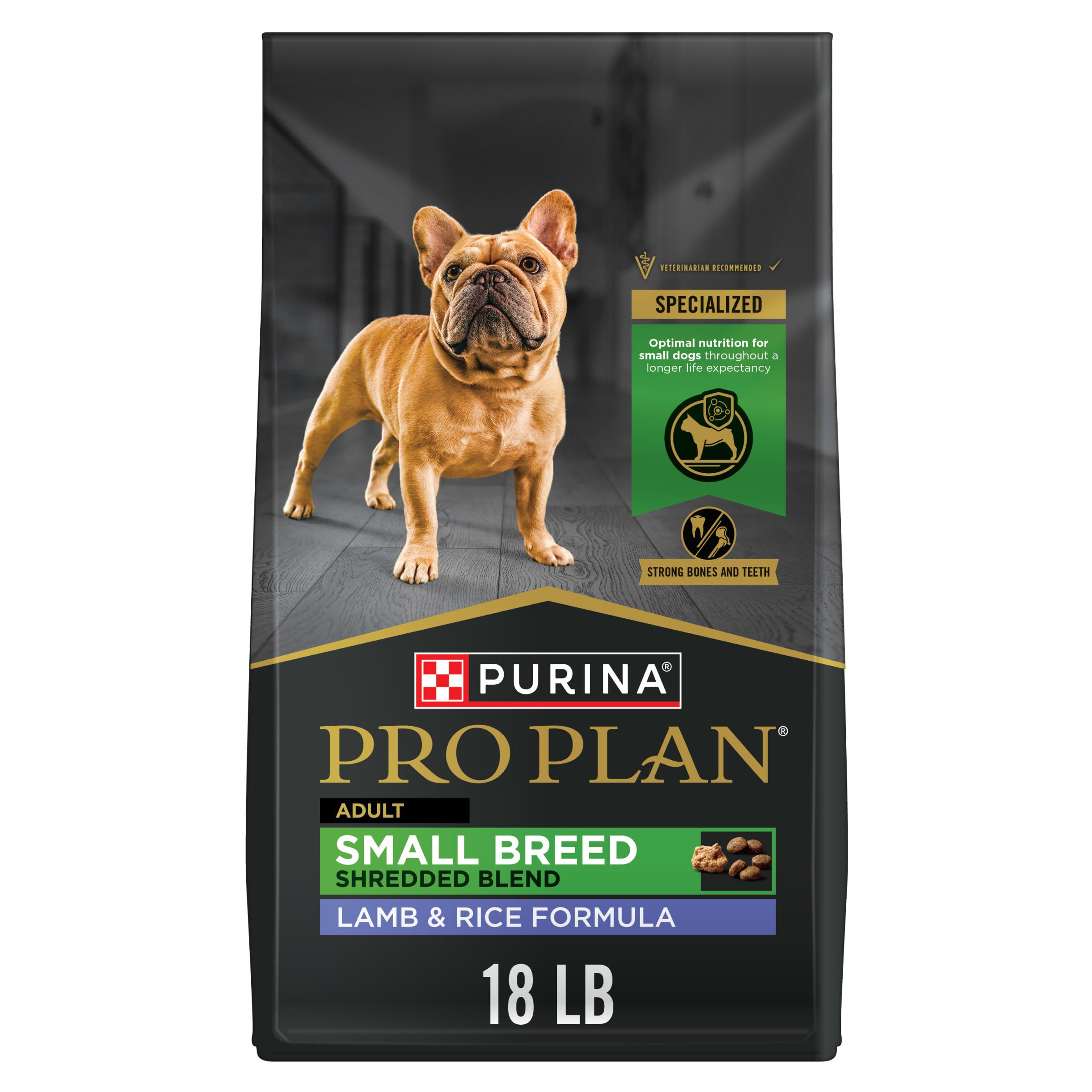 Purina Pro Plan Small Breed croquetas crujientes y trozos de cordero y arroz.