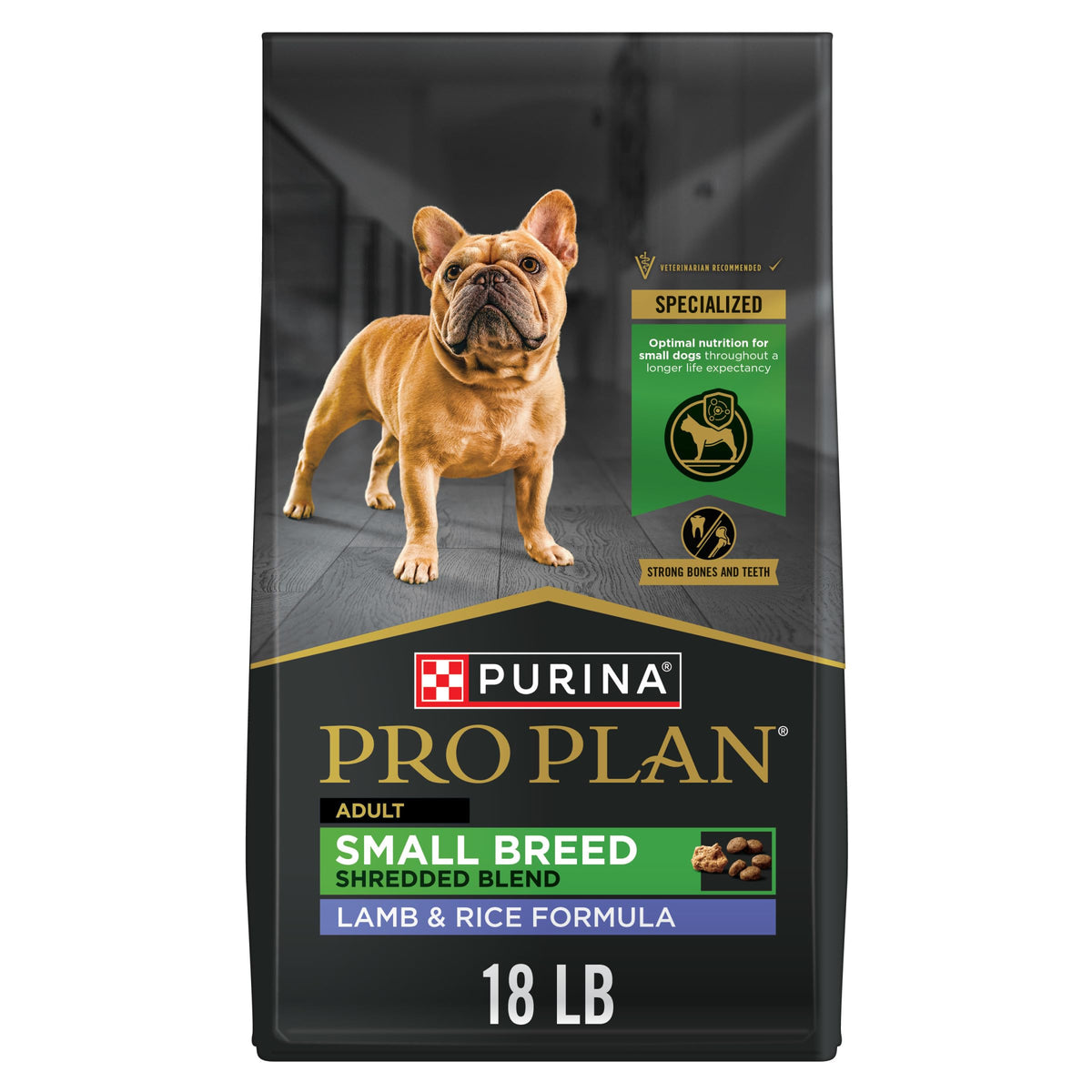 Purina Pro Plan Small Breed croquetas crujientes y trozos de cordero y arroz.