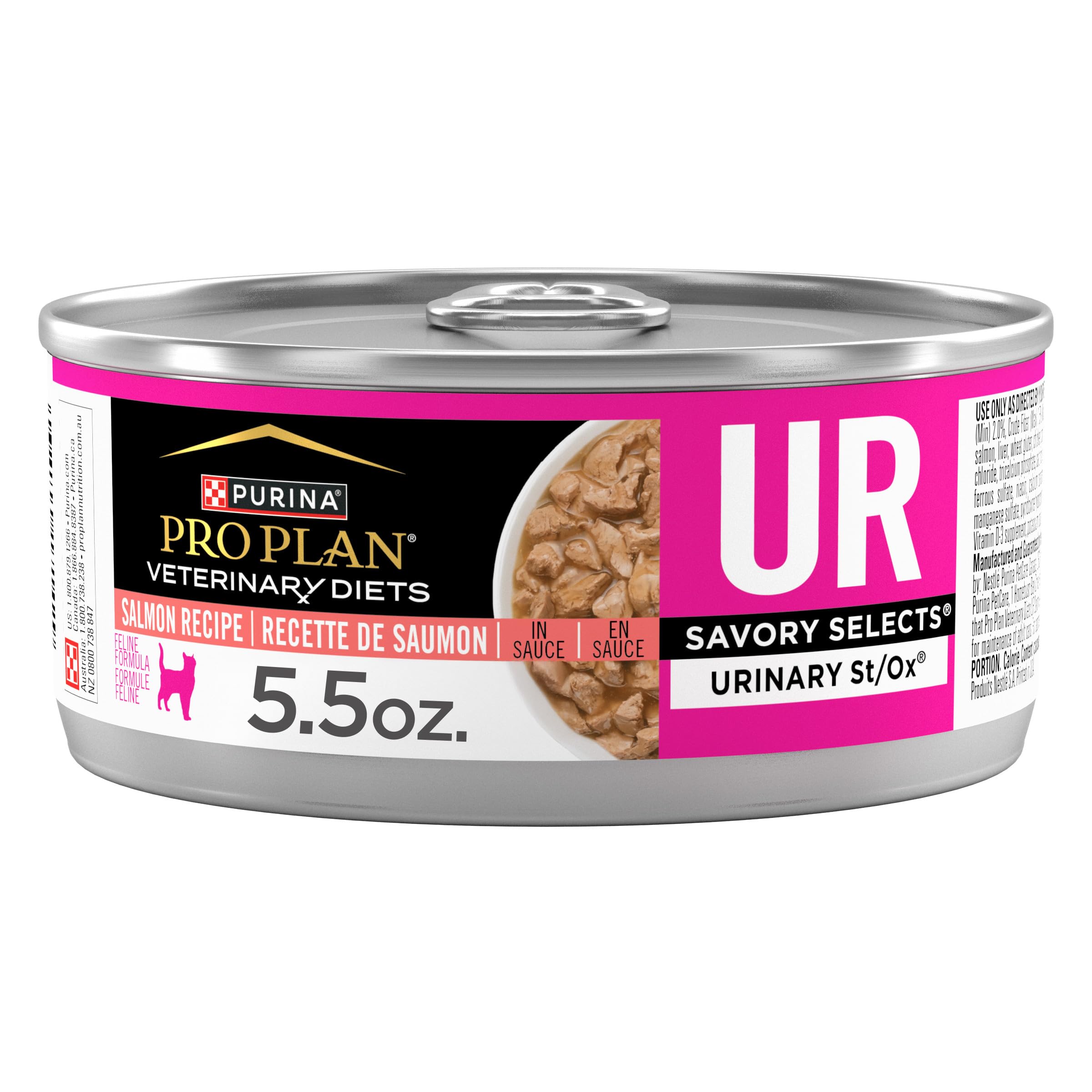 Purina Pro Plan UR con salmón en salsa, enfoque en lata, favorece un entorno urinario estable.