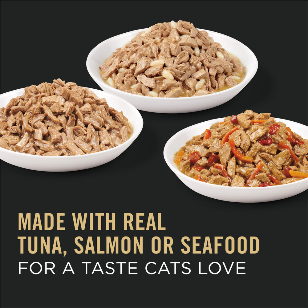 Purina Pro Plan variedad Esenciales mariscos en latas, nutrición balanceada para gatos adultos.