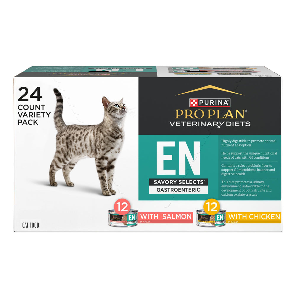 Purina Pro Plan Veterinary Diets EN Gastroenteric Feline Formula Savory Selects en Salsa, frente de lata, digestión suave.
