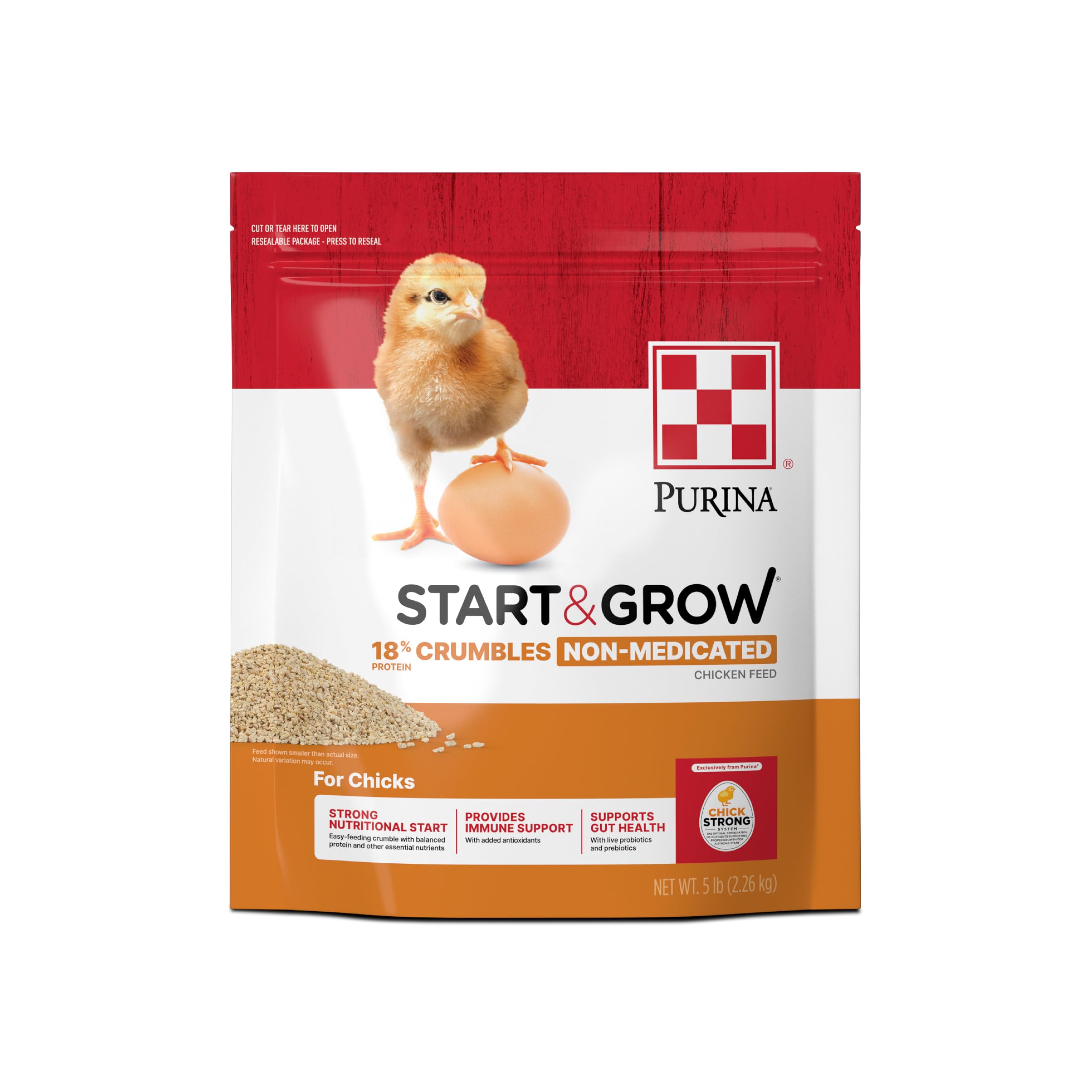 Purina Start and Grow, bolsa de 5 lb, alimento completo para pollitos en crecimiento.