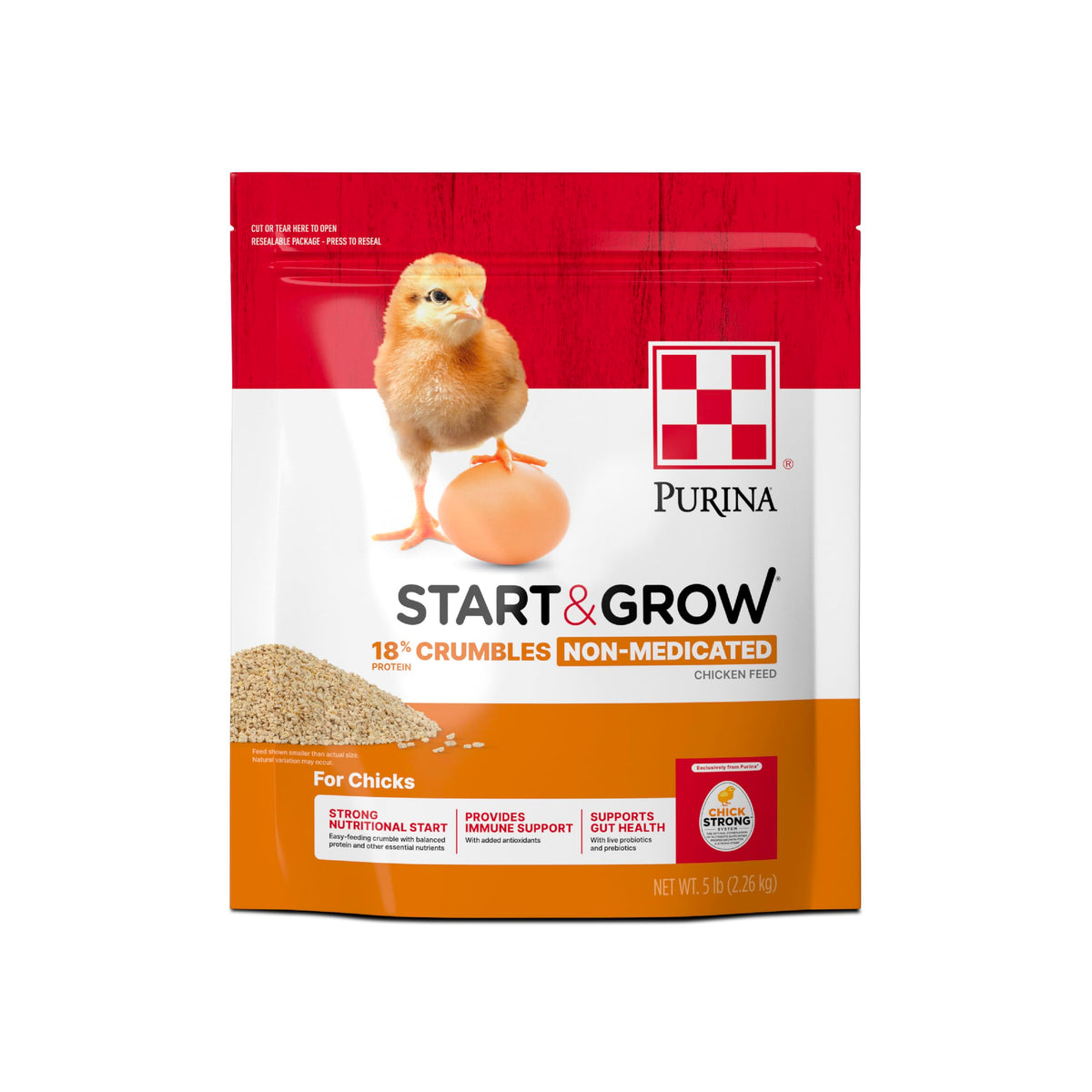 Purina Start and Grow, bolsa de 5 lb, alimento completo para pollitos en crecimiento.