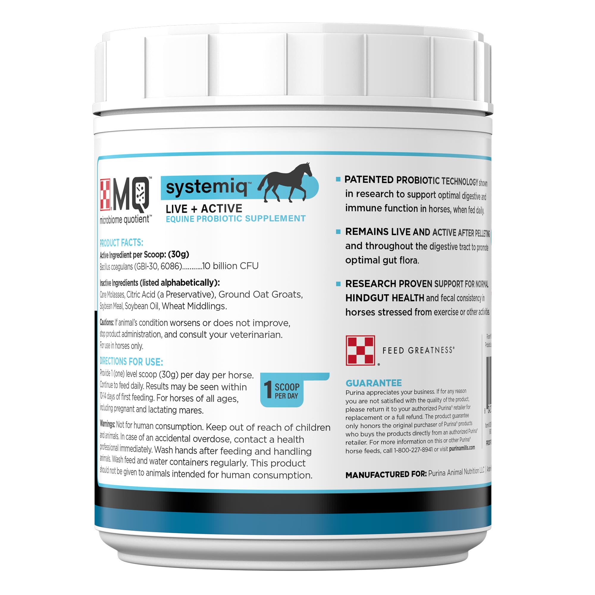 Purina Systemiq Probiotic caballo comiendo, apoyo potencial a la digestión durante la comida.