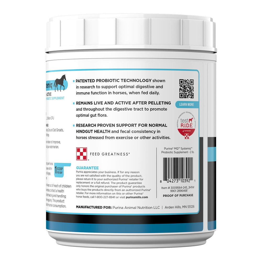 Purina Systemiq Probiotic etiqueta en empaque, tecnología probiótica patentada.