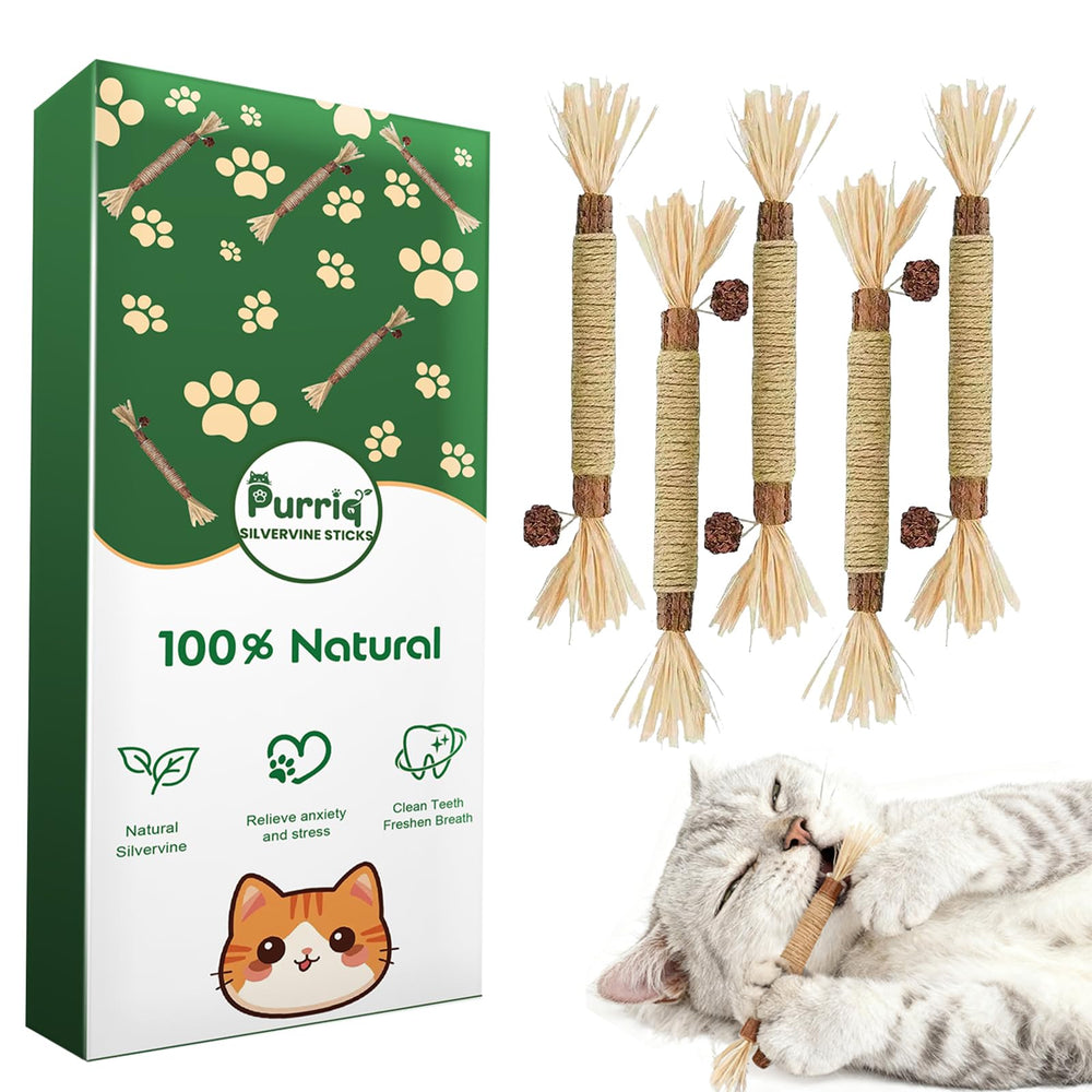 Purriq palito de vid plata natural para limpieza dental felina y juego seguro.